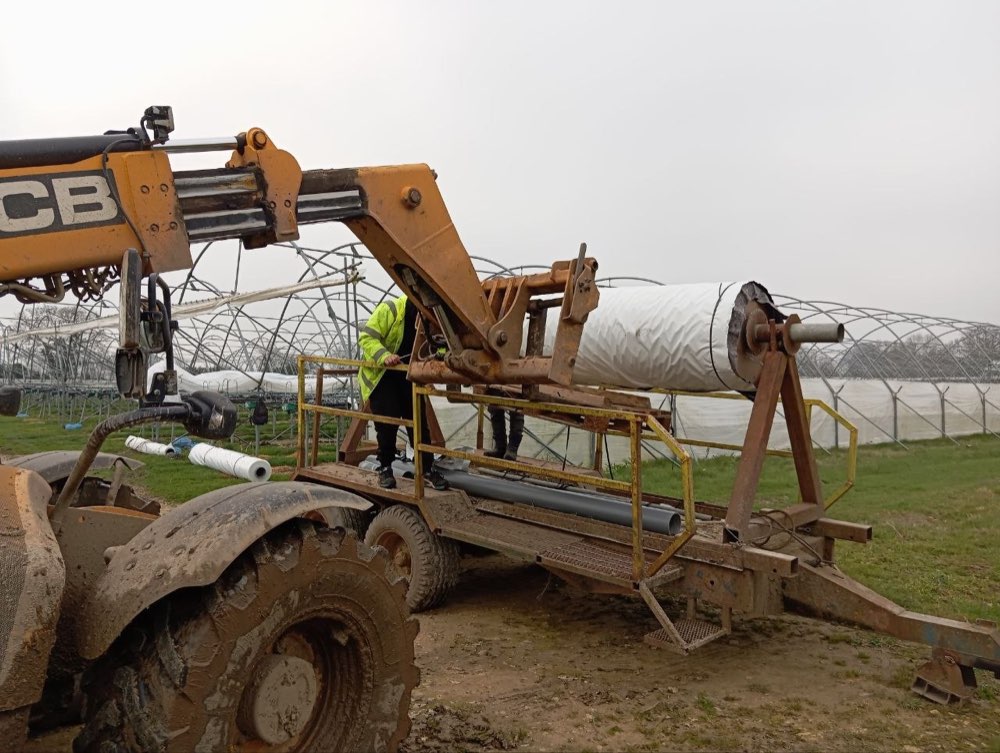 Телехендлер JCB и работник поднимают рулон плёнки для укрытия туннеля на ферме Place UK